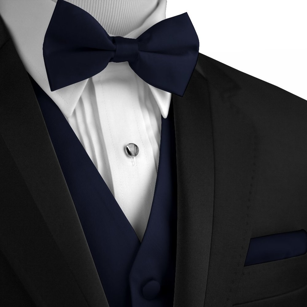 Men's Formal Wedding Prom Homecoming Tuxedo Vest Bow-Tie Hankie - Navy Satin